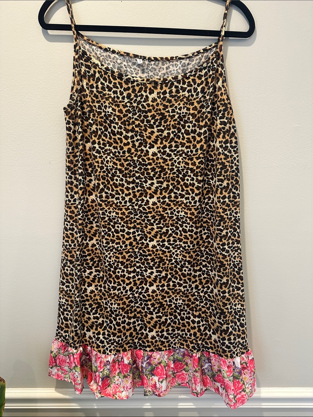 Leopard Print Slip Skirt with Pink Floral Hem